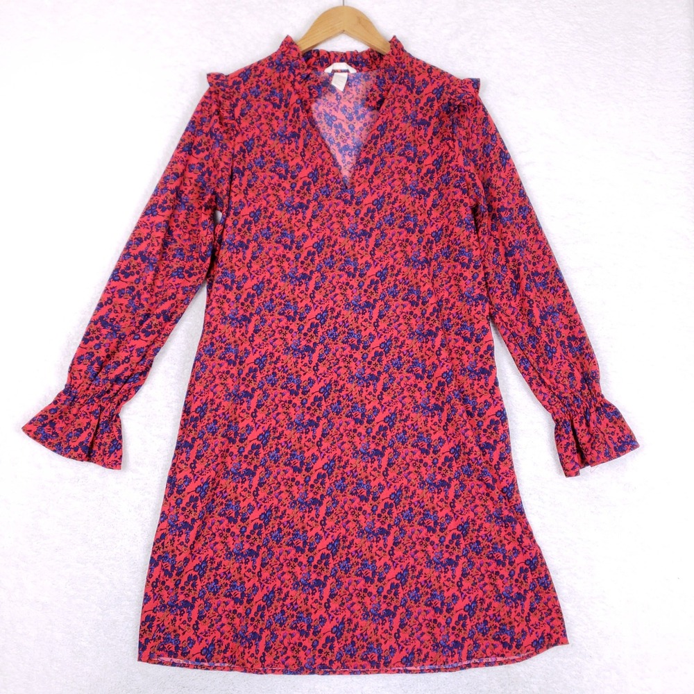 HM Dress Womens 4 Red Floral Long Sleeve Ruffle Boho Cottagecore Shift